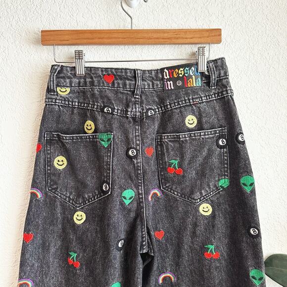 Dressed in LALA Black Wide Leg Jeans with Colorful Embroidery - Picture 5 of 12